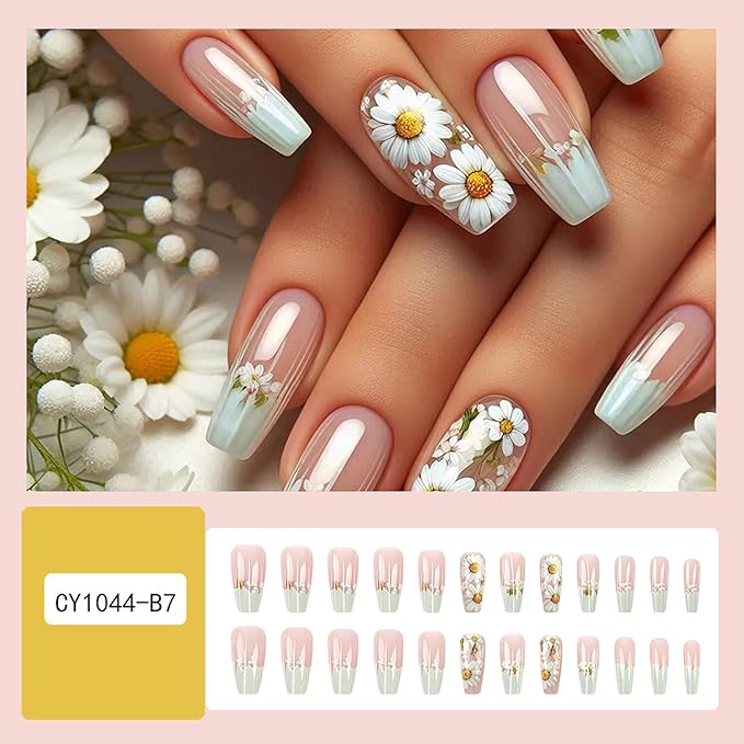 Flower Press on Nails Medium Ballet Shaped White Daisy Pattern Design French Tip Press Ons Stick on Nail Full Cover Artificial Spring Summer False Nail Acrylic Glue on Nails for Women 24Pcs