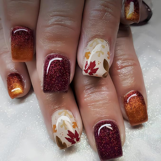 24pcs Short Square Press on Nails Glitter Fall Fake Nails Red Autumn Maple Leaves Glue on Nails Full Cover Acrylic Stick on Nails for Women DIY Fall Maple Leaf Nail Art Manicure Decor