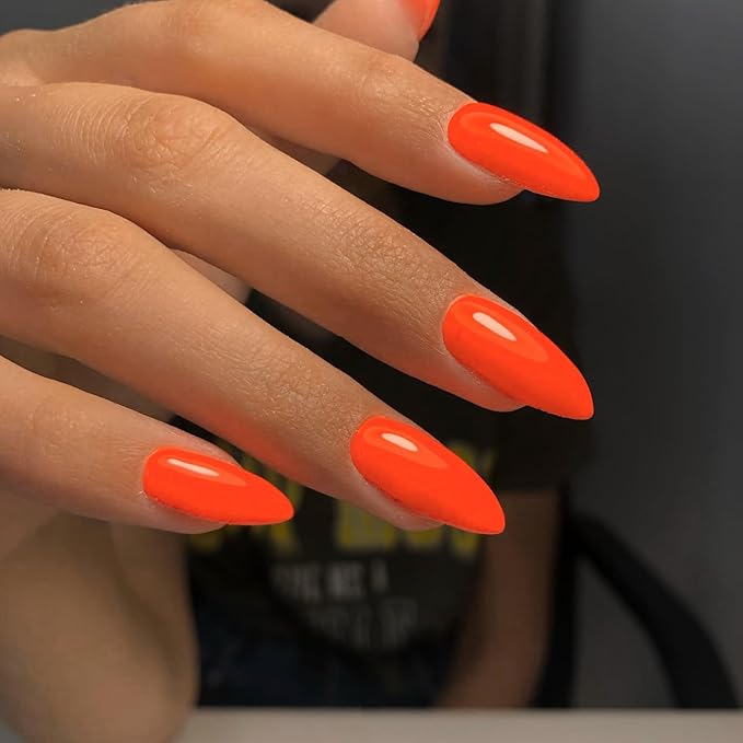 48Pcs Orange Press on Nails - Almond Shaped Medium Length Fake Nails, Stiletto False Nails for Women, Thick Natural Acrylic Gel Press ons