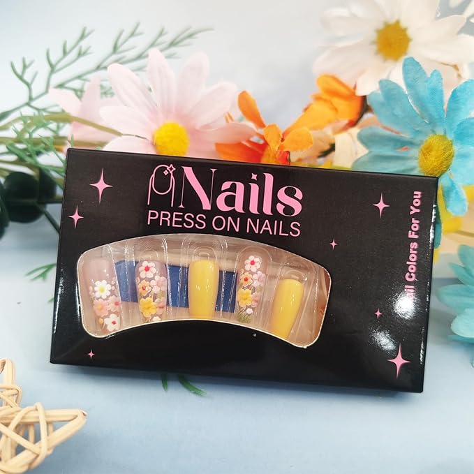 24Pcs Flower Press on Nails Wild Flower Acrylic Full Cover Fake Nails Yellow Gradient Stick on Nail Glossy French Tips Medium Coffin False Nail Summer Gel Glue on Fingernails for Holiday Manicure Art