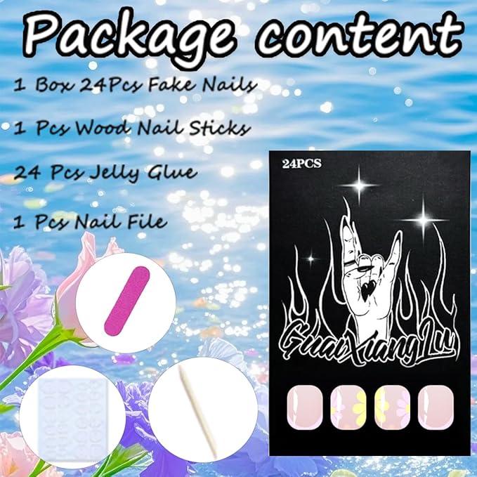Short Almond Press on Nails French Tip Fake Nails with Flower Design Summer Glue on Nails Glossy False Nails Pink Nail Tips Artificial Acrylic Full Cover Stick on Nails for Women Manicure 24Pcs