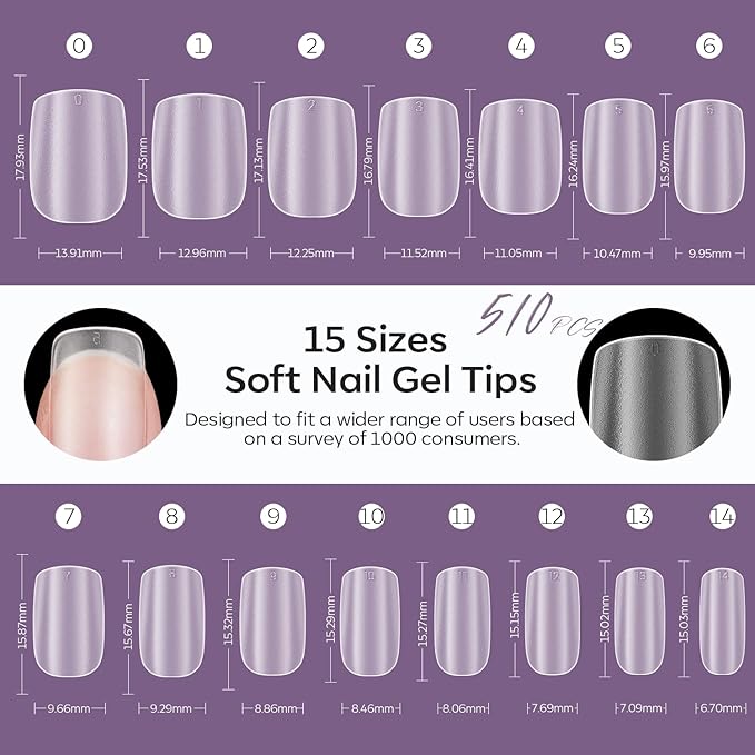 modelones Extra Short Square Fake Nail Tips - 510Pcs Full Matte Gel Tips Pre-shaped Full Cover Clear Acrylic Gel Kit False Press on Nails for Extension DIY Salon 15Sizes