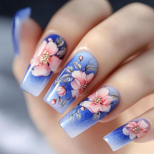 Flower Press on Nails Long Ballet Shaped Blue Gradient Acrylic Fake Nail Peony Floral Pattern Design Full Cover Glossy Artificial Fingernails Blossom Stick on Nail 24Pcs Glue on Nails for Women