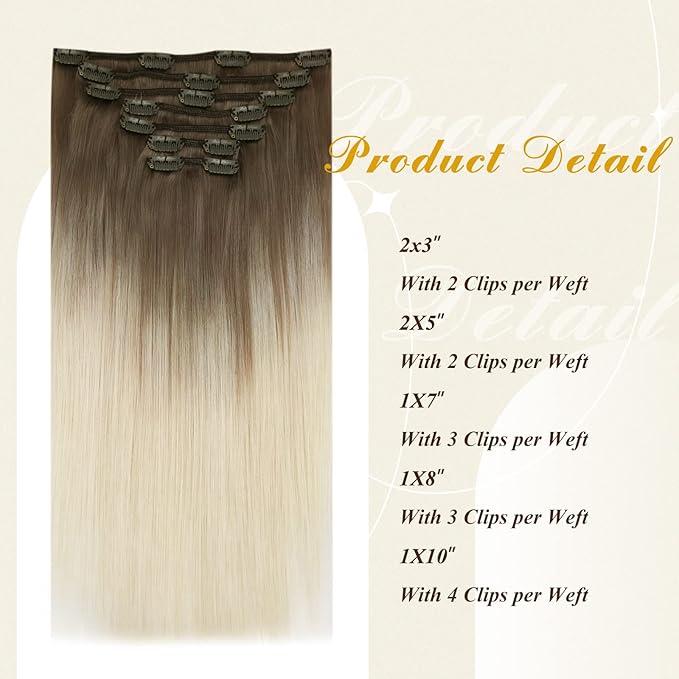 Full Shine Ombre Clip in Hair Extensions Blonde Real Human Hair Clip in Extensions Color 8 Ash Brown to Platinum Blonde Straight Invisible Hair Extensions 120 Grams 16 Inch