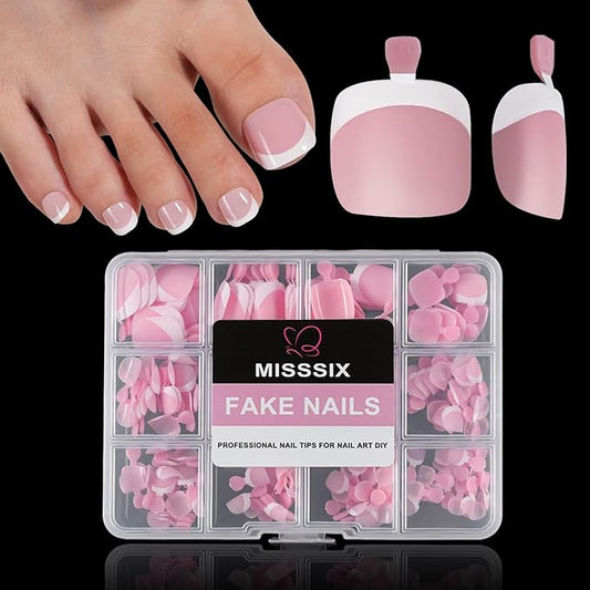 Misssix French Toe Nail Tips Press on Nails, 216 pcs Soft Gel Fake Toenail Pink White, Pre-shaped Full Cover Acrylic for Women DIY 12 Sizes