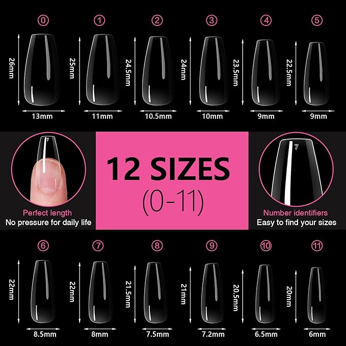 Medium Coffin Nail Tips 504PCS, Clear Acrylic Full Cover Gel Press on Nail Tips for DIY, 12 Sizes Pre-Shaped False Nails with Glossy Finish, Professional Manicure Kit & Easy Application