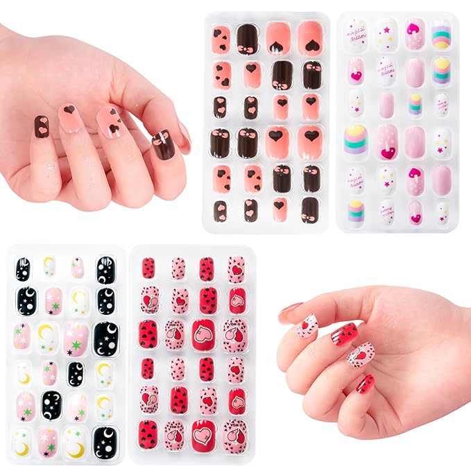 krofaue Press on Nails for Kids - 96pcs 4 Pack Children Fake Nails Kids Girls Stick on Nails for Kids Full Cover Cute Pre-Glue Acrylic Fake Fingernails Kits Sets Little Girls Short Nail Decoration