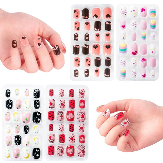 krofaue Press on Nails for Kids - 96pcs 4 Pack Children Fake Nails Kids Girls Stick on Nails for Kids Full Cover Cute Pre-Glue Acrylic Fake Fingernails Kits Sets Little Girls Short Nail Decoration