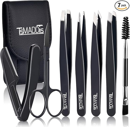 TsMADDTs Professional Stainless Steel Tweezers for Women and Men, 7 Pack Precision Tweezers for Eyebrows with Curved Scissor and Eyebrow Razor for Ingrown Hair