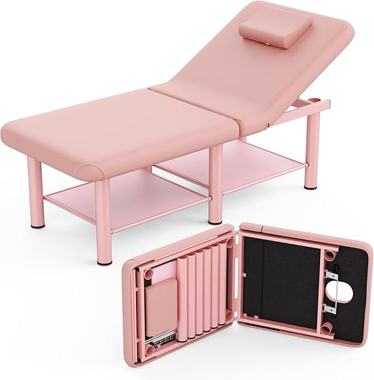 Folding Stationary Massage Table with Backrest and Storage Space, 6 Round Legs Metal Frame PU Leather, 30.5'' Wide × 75'' Long for Treatment Table Physical Therapy Table Spa Facial Bed, Pink