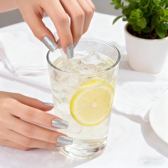 Pretty Full Cover Silver White Bling Glitter Press on False Nails Medium Long Square Salon DIY Manicure Reusable Fake Acrylic Nail Art Tips with Jelly Adhesive Tabs Nail File