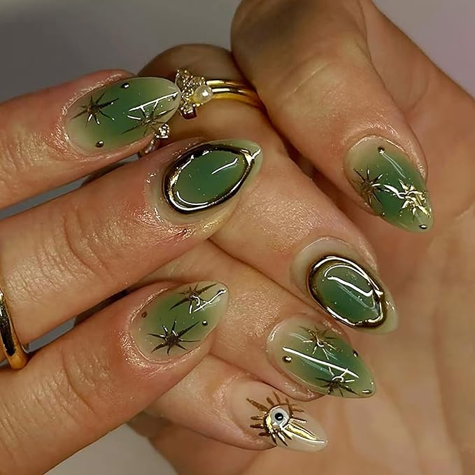 24Pcs Gold Chrome Press on Nails Short Almond Fake Nails with 3D Star Sun Eye Design Full Cover Glue on Nails Handmade False Nails Green Acrylic Nails Stick on Nails for Women Gothic Manicure Decor