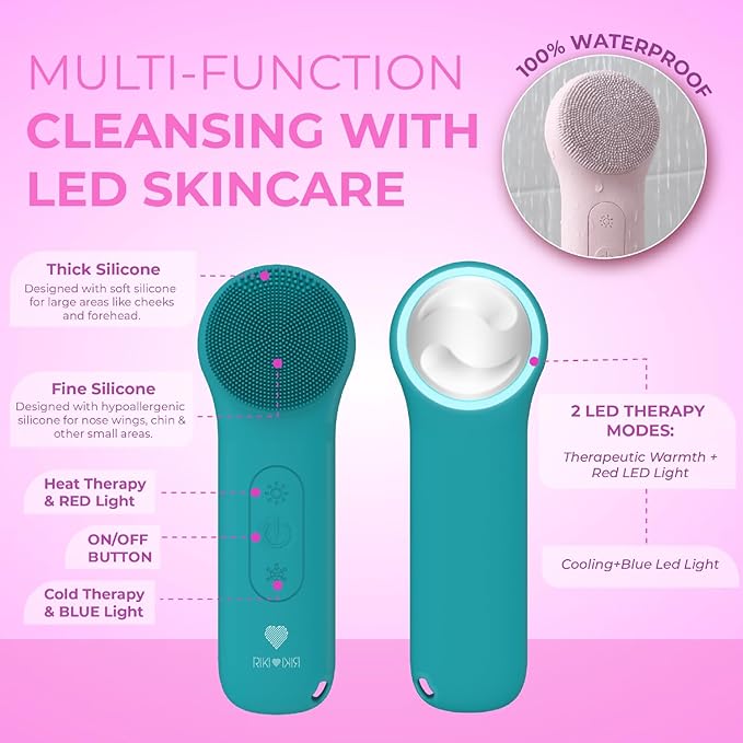 Riki Radiant Electric Silicone Face Scrubber - 2-in-1 Facial Rotating Vibrating Exfoliating Brush - Waterproof & Portable, Rechargeable, for Cleaning, Exfoliation, Massage, for Men & Women (Green)