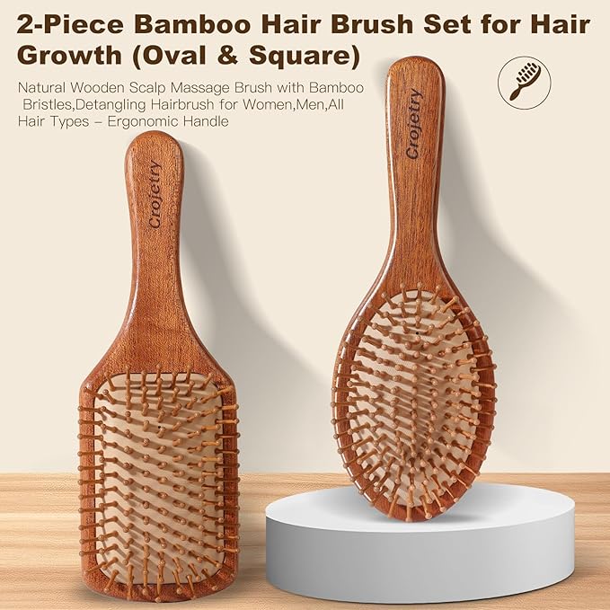 2-Piece Bamboo Hair Brush Set for Hair Growth (Oval & Square) - Natural Wooden Scalp Massage Brush with Bamboo Bristles,Detangling Hairbrush for Women,Men,All Hair Types - Ergonomic Handle
