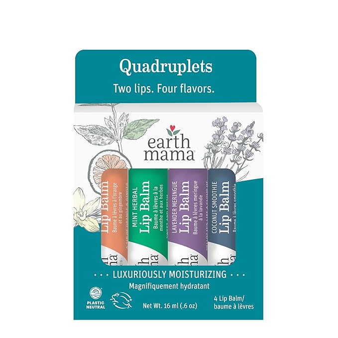 Earth Mama Lip Balm Variety Pack | Quadruplets 4 Pack | Lavender Meringue, Mint Herbal, Coconut Smoothie & Orange Ginger | Soothing & Hydrating Lip Moisturizer | Pregnancy Safe