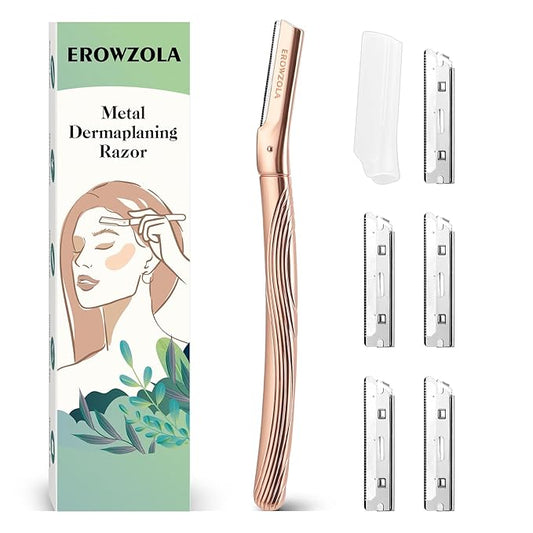 Dermaplaning Tool for Face, Eyebrow Razor for Women and Men, Eyebrow Trimmer and Facial Shaver Dermaplane Razor for Peach Fuzz Hair and Exfoliation, Includes 6 Blades (Rose Gold)
