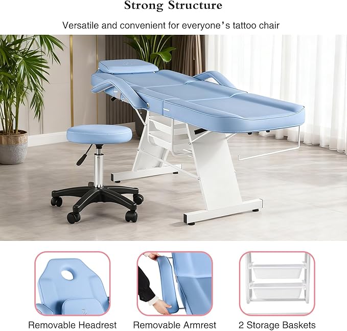 Facial Chair Massage Table 73in 3-Section Multipurpose Massage Bed Professional Tattoo Table Salon Spa Equipment for Facial Spa Beauty Spa Salon Equipment-Light Blue
