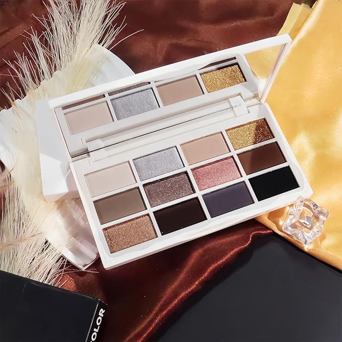 12 Colors Matte Shimmer Pressed Eye Shadow Palette - Beige Light Nude Brown Cocoa Taupe Black Smoky, Silver Bronze Gold Rose Champagne, Vegan Cruelty-Free, for Women Pro Makeup Looks