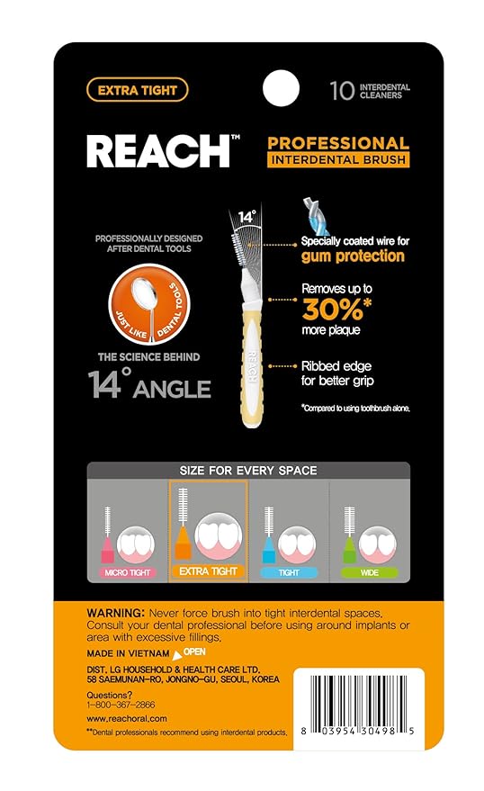 Reach Interdental Brush Cleaners, 0.7mm, Extra Tight, Sensitive Gum Protection, Plaque Remover for Teeth, Braces Flossers, Braces Brush, Dental Toothbrushes, Oral Care, 1 Pack, 10 Count