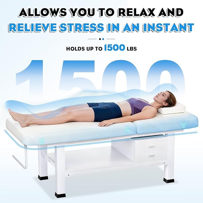 Massage Table with Towel Rack and Storage, 1500lbs Weight Capacity Iron Base Massage Bed Adjustable Backrest for Professional & Home Use, Spa Treatment Table for Relaxation and Therapy, Beige