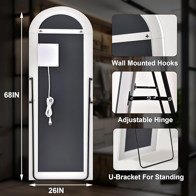 26x68 inch Full Length Mirror with Lights, LED Lighted Floor Standing, Hanging Full Length with Stand, Full Body Dressing Mirror with Dimmable 3 Color LED