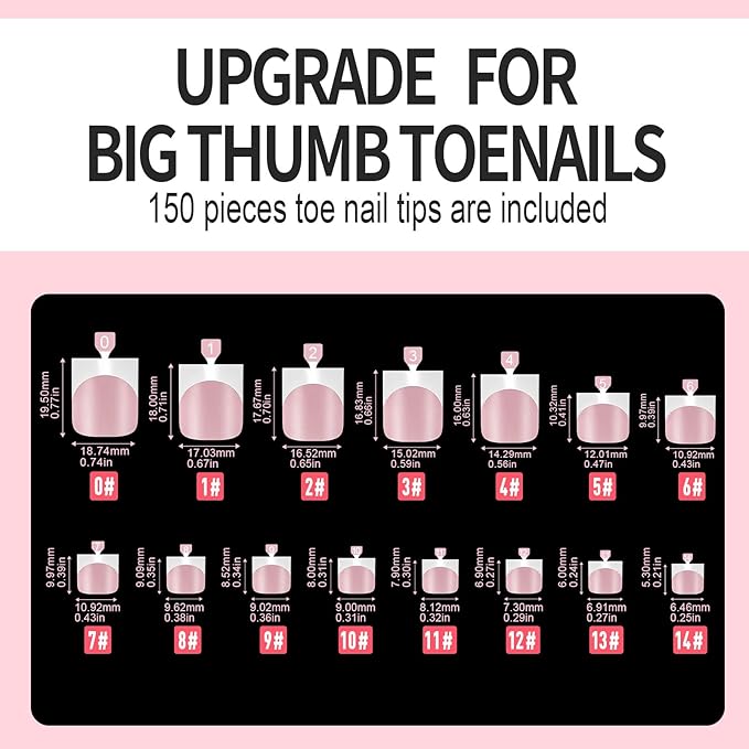 Vansiho 150 pcs French Tip Toe Nail Tips Press on, French Tips Toenail Press on Square for Women, Pink Soft Gel Fake Toe Nails, Acrylic Nails Soak off Toe Nail Home DIY 15 Sizes