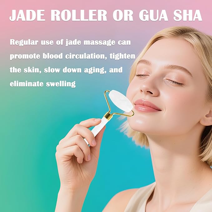 Jade Roller Gua Sha Tools – Nature Gua Sha Facial Tool Skin Tightening Face Massager Anti-Aging Jade Face Roller Puffiness Reducing Guasha Stone for Women Men 2-Color Pack(G/W)