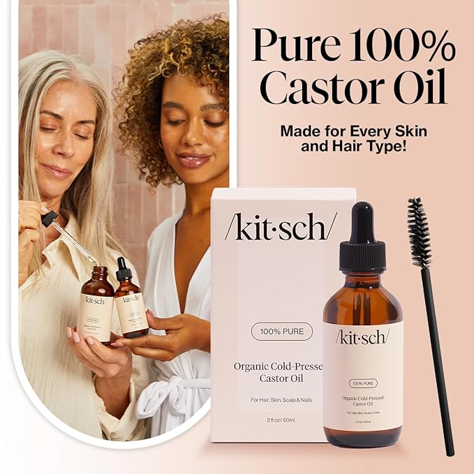 Kitsch Organic Castor Oil for Hair Growth - 100% Pure Castor Oil, Organic Cold Pressed Unrefined Glass Bottle for Face, Skin, Lashes, Brows, Scalp, Nails & Belly Button - Hexane Free, USDA - 2 oz