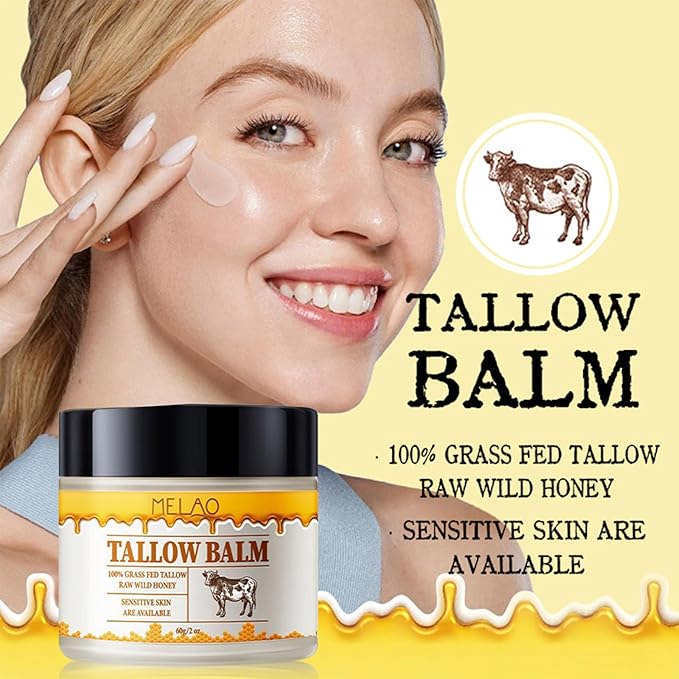 Whipped Beef Tallow and Honey Balm, Grass Fed Grass Finished Face Cream for All Skin Types - Grass-Fed Beef Tallow & Raw Wild Honey Blend - All-Natural Moisturizer for Face & Body, 2 OZ