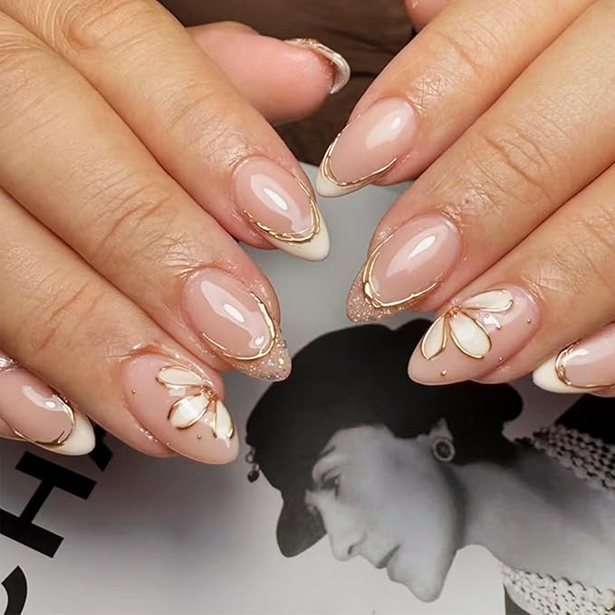 Summer Flower Press on Nails 3D Flowers Medium Almond False Nail Glossy White French Stick on Nail 24Pcs Gold Curve Line Gel Glue on Fingernails Acrylic Full Cover Fake Nails for Holiday Manicure Art