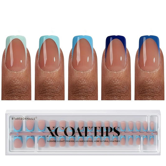 BTArtboxnails XCOATTIPS French Tip Press On Nails - Blue Press On Nails Short, Square Fake Nail Tips, 160Pcs Soak Off Soft Gel Acrylic Brown Nail Extension in 16 Sizes