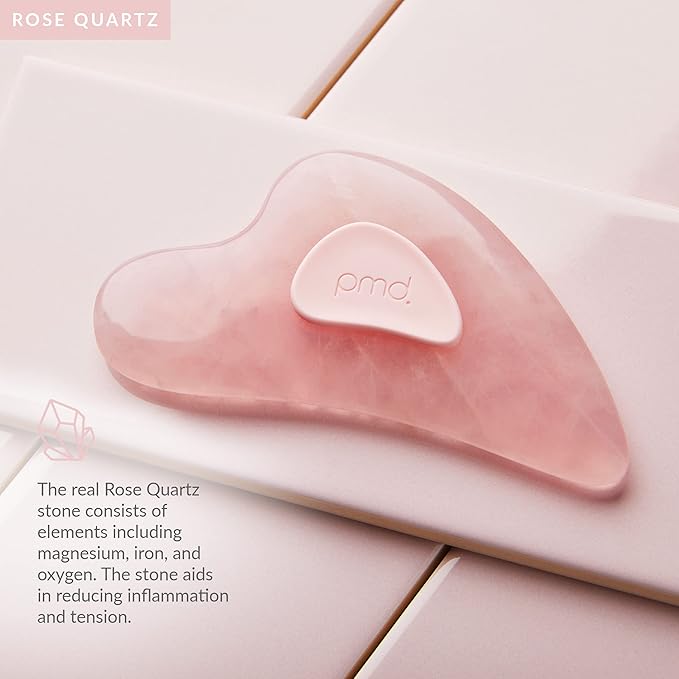 PMD Beauty Gua Sha Facial Tools - Massaging, Sculpting and Depuffing Guasha Tool for Face with Rose Quartz and Silicone Grip - Reduce Tension & Inflammation, with Starter Kit