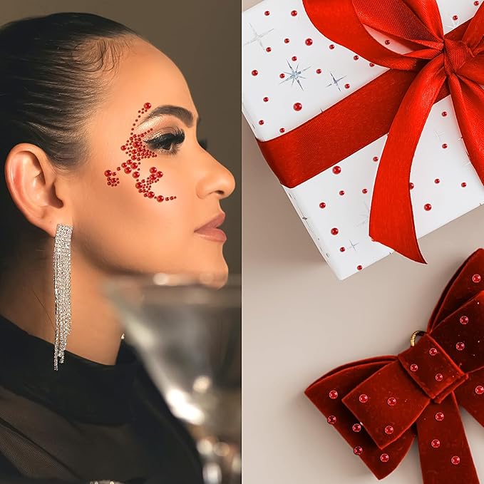 975Pcs Face Gems Hair Gems, Self-Adhesive Face Jewels Eye Jewels Rhinestones 3/4/5/6 mm DIY Face Gems Stick on, Hair Body Rhinestones Gems Crystals Pearls for Face Makeup, Crafts (gem_red)