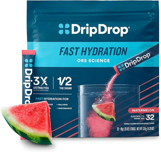 DripDrop Hydration Packets - Watermelon - Single Serve Electrolytes Powder Drink Mix - Non-GMO, Gluten Free, Vegan - 32 Sticks