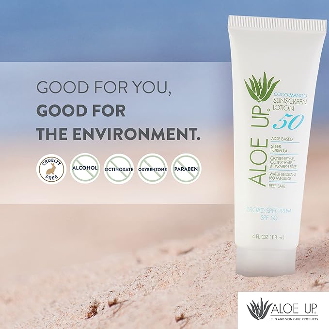 Aloe Up SPF 50 Sunscreen for Sensitive Skin - Broad Spectrum Face and Body Sunblock with Aloe Vera - Reef-Safe, Hydrating Coco-Mango Fragrance, 4 Oz