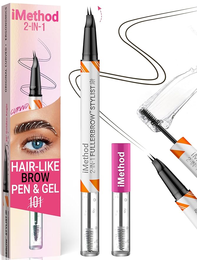 iMethod Curved Eyebrow Pen and Brow Gel - Eyebrow Pencils for Women with Hair Like Strokes, Eyebrow Makeup for All-Day Defined, Waterproof, Smudge-proof, Dark Brown and 2 Count Brow Gel Clear