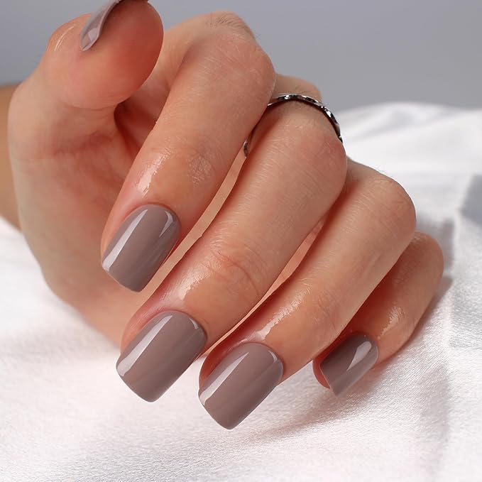 Brown Press On Nails Short, Glossy Soft Gel Press On Nails Square with Nail Glue, 15 Sizes - 30 Fake Nails Kit, Thick Natural Reusable Glue On Nails for Women