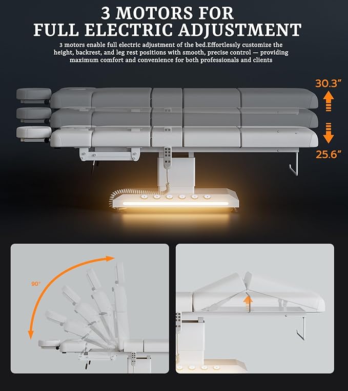 Icoget Professional Full Electric Spa Massage Treatment Table, Medical Bed with Independent Leg Adjustment, Facial Bed with Face Cradle for Beauty, White