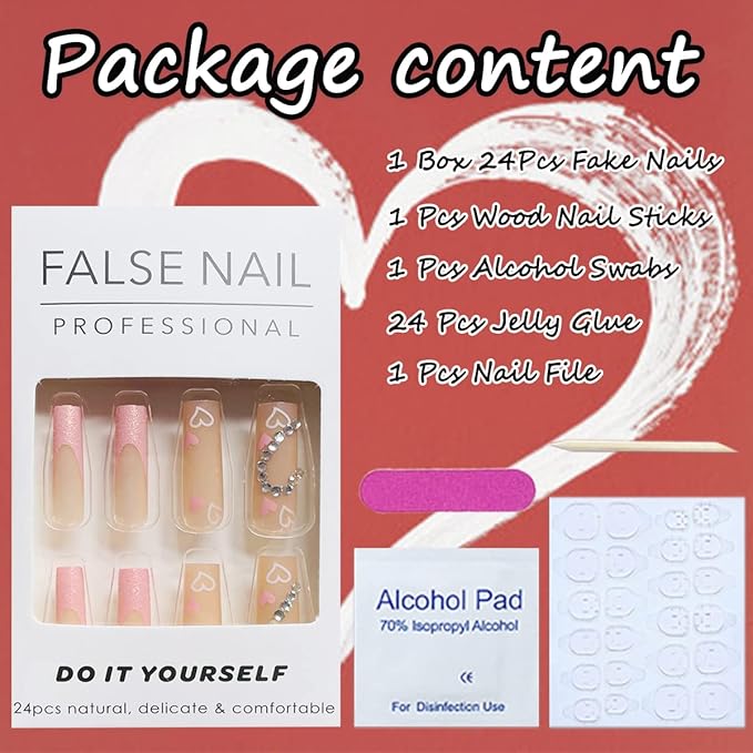 Glitter French Tips Press on Nails Long Square Fake Nails Pink Full Cover Acrylic False Nails with Rhinestone Heart Design Coffin Glue on Nails Artificial Nails for Women Girls Nail Decorations 24Pcs