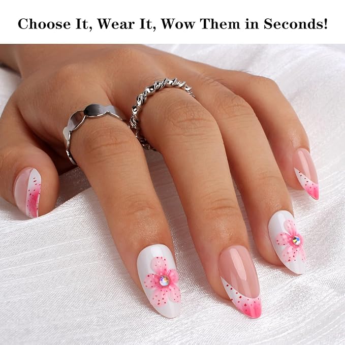 3D Flower Press On Nails Short Almond – 24PCS Pink French Fake Nails with Rhinestones, Glossy White Acrylic Stick On Nails with Glue Kit, Elegant Floral Reusable Nails for Women & Girls