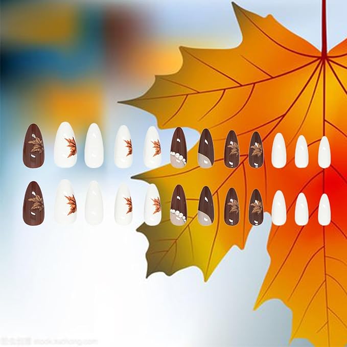 Thanksgiving Press on Nails 24Pcs Maple Leaves Medium Almond False Nail Rhinestones Gel Glue on Fingernails Glossy Brown French Stick on Nail Acrylic Full Cover Fake Nails for Holiday Manicure Art