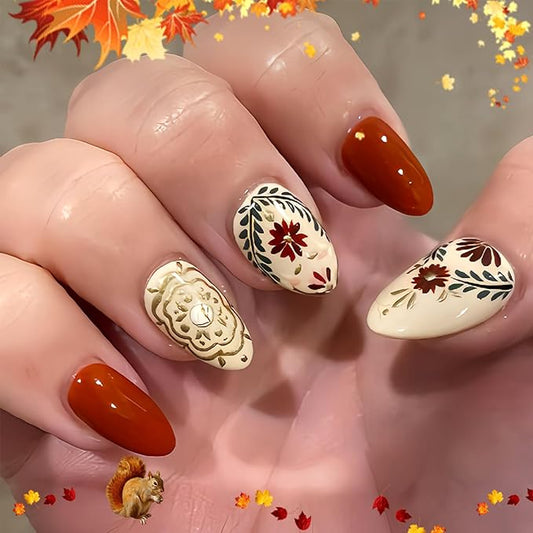 Fall Flower Press on Nails Medium Almond False Nails With Red Gold Design Full Cover Glue on Nail Reusable Colorful Acrylic Fake Nails Glossy Artificial Stick on Nail for Women