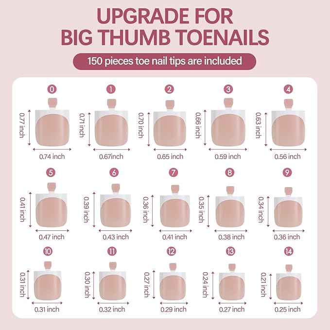 Vansiho 150 pcs French Tip Toe Nail Tips Press on, French Tips Toenail Press on Square for Women, Soft Gel Fake Toe Nails, Acrylic Nails Soak off Toe Nail Home DIY 15 Sizes