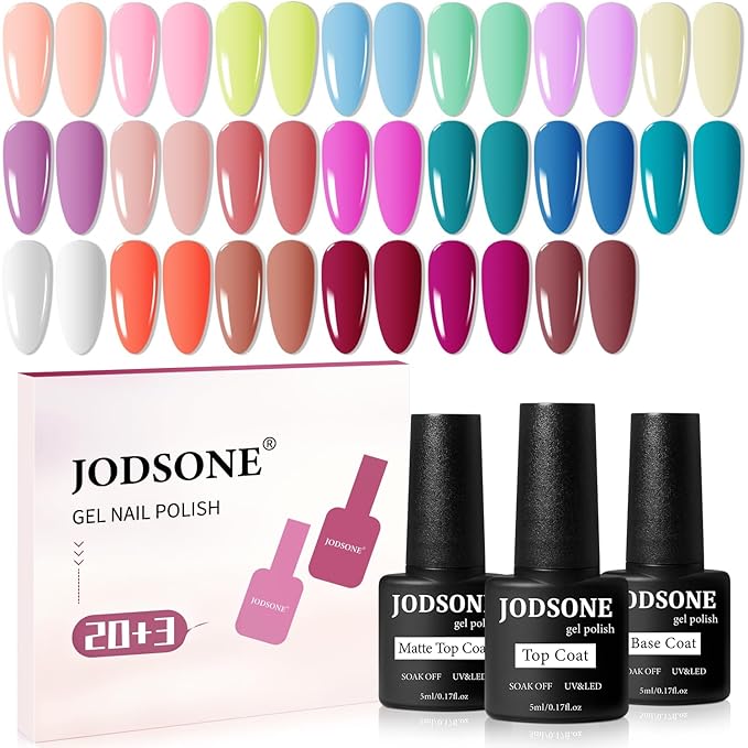 JODSONE 20 Color Vibrant and High Shine Gel Nail Polish Kit with 3 PCS Base Coat and Matte and Glossy Top Coat
