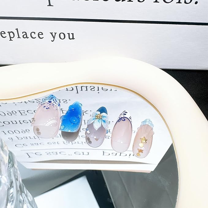 30pcs Blue Flower Press on Nails Medium Almond Fake Nails with Shell Floral Pearl Designs French Tip False Nails Kit Summer Beach Acrylic Nail Tips Full Cover Glue on Nails for Women