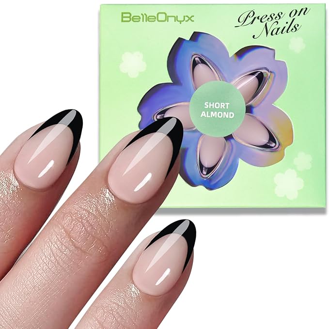 Short Almond Press On Nails Black French Nail Tips with Glue & Gule Remover Reusable 15 Sizes-30 Fake Nail kit for Woman