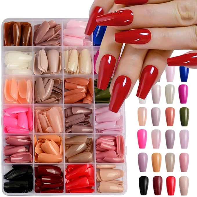 576Pcs Coffin Press on Nails MediumFake Nails Solid Color False Nails Full Cover Glossy Acrylic Glue on Nail Reusable Artificial Stick on Nail for Women Manicure -12 Color