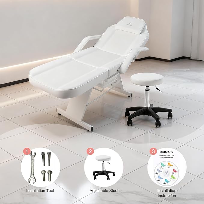 Facial Chair, Tattoo Chair Massage Bed with Hydraulic Stool for Professional Massage Facial Lash Beauty Spa, White