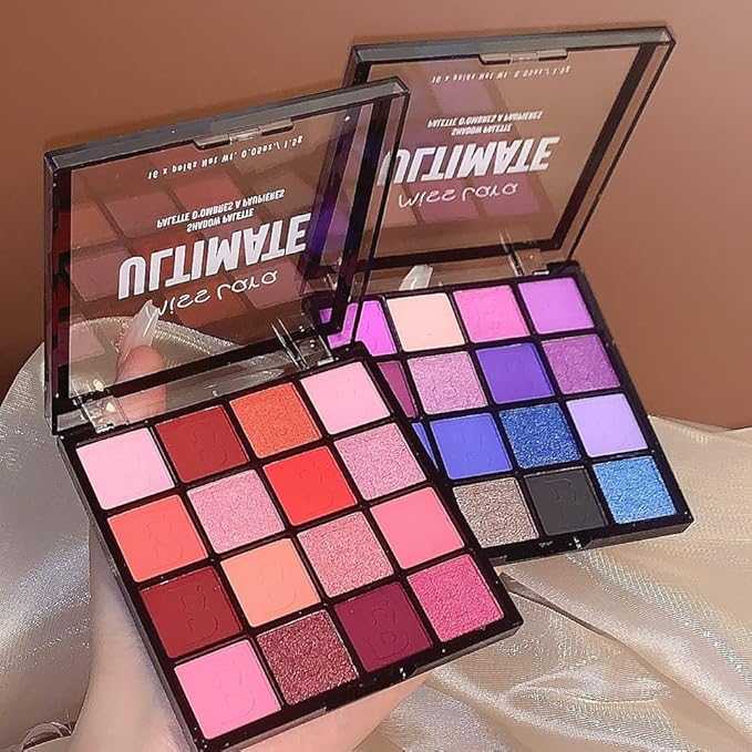 16 Colors Pink Matte Glitter Metallic Eye Shadow Palette, Korean Eyeshadow Palette Makeup, Pigmented Red Eyeshadow Kit for Halloween Parties, Joker Vampire Clown Makeup