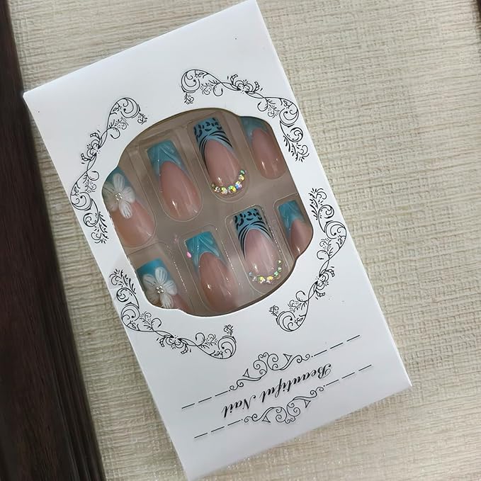 24Pcs Blue French Tip Press on Nails Medium Fake Nails 3D Flower False Nail with Rhinestones Charms Designs Sparkly Glue on Nail Full Cover Artificial Acrylic Nails for Women DIY Manicure